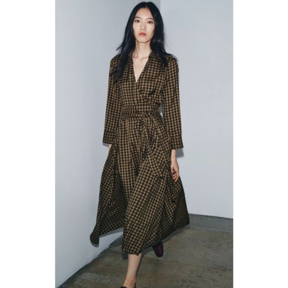Zara ZW Collection Plaid Shirt Midi Tie Waist Dress